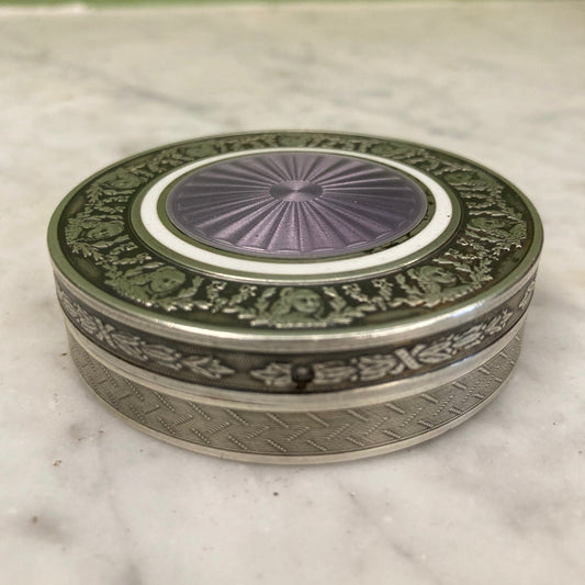 Ancienne boite à pilules en argent massif et émail guilloché