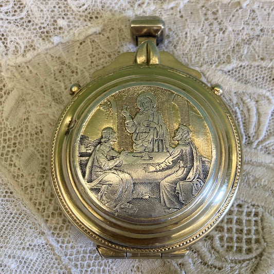 Ancienne Custode à Hosties en argent massif et vermil du 19ème siècle.