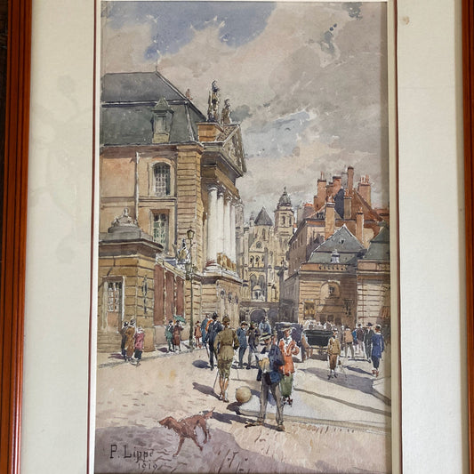 Aquarelle de Paul Lippe datée de 1919 représentant un vue de Dijon, Place d Armes et rue Rameau.