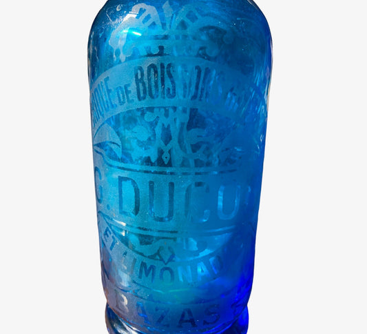 Demi sifón antiguo de vidrio azul. Gérard Ducos en Bazas