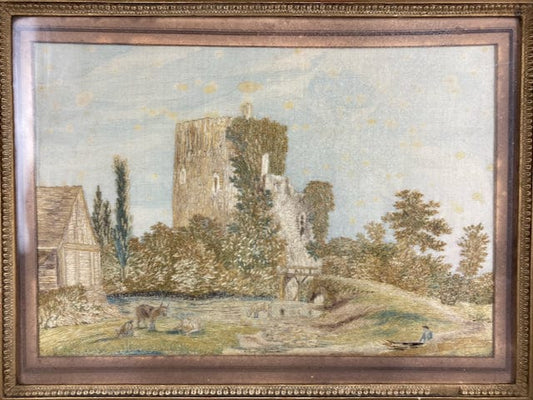 Настольная вышивка на шилле Пейзаж старинная работа XIX