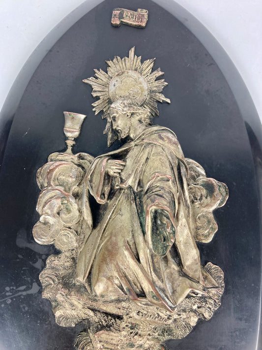 Bénitier ancien bronze argenté et marbre noir xix christ