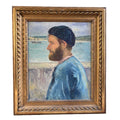 Tableau huile sur toile par Émile Dezaunay représentant un portrait de marin pêcheur breton de profil en vareuse bleue avec un voilier en arrière-plan.