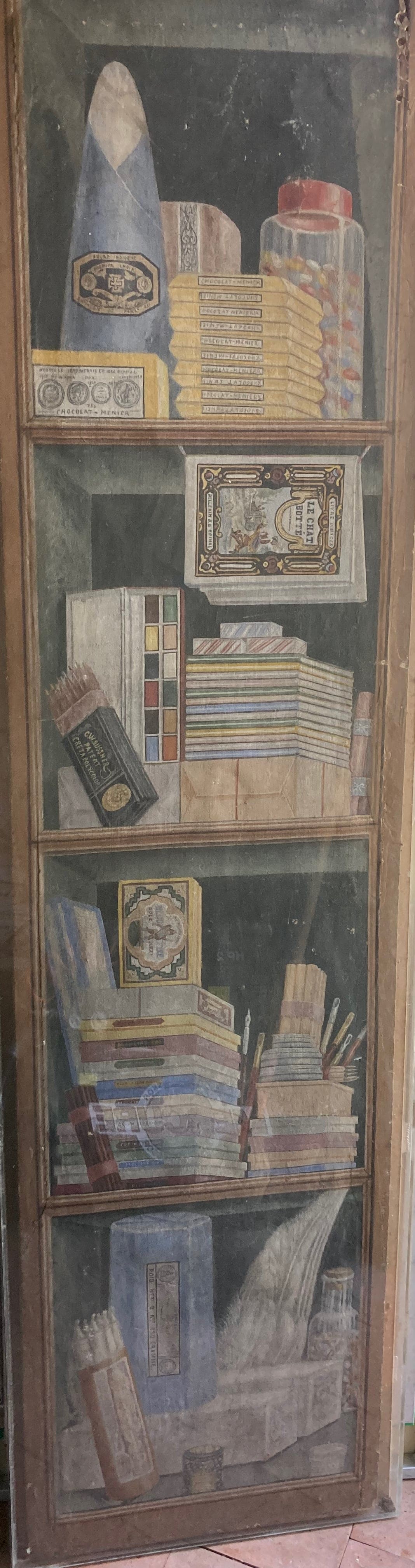 Dekorative Tafel, gemalt um 1900, Öl auf Leinwand mit Darstellung eines Gewürzregals