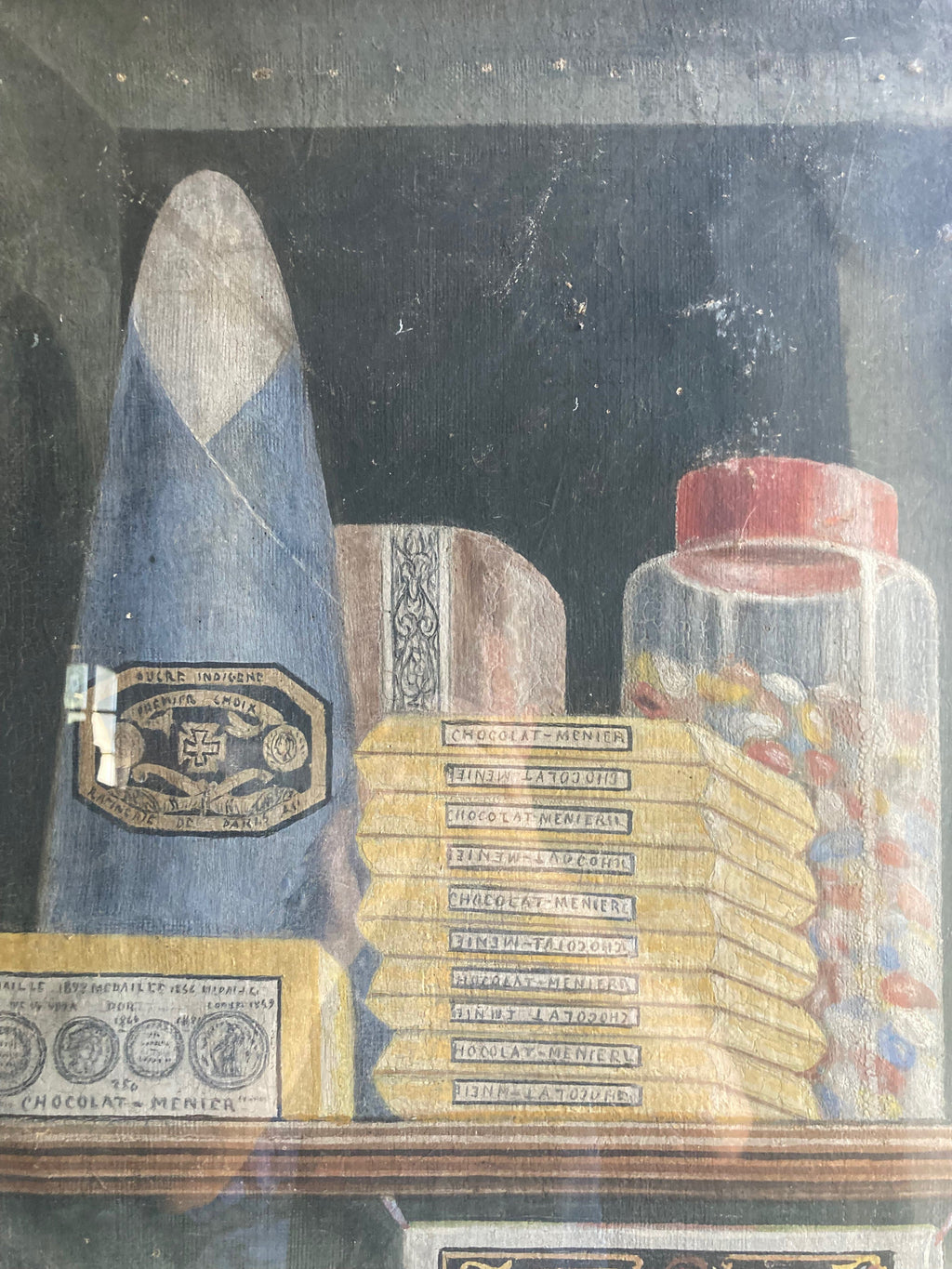 Dekorative Tafel, gemalt um 1900, Öl auf Leinwand mit Darstellung eines Gewürzregals
