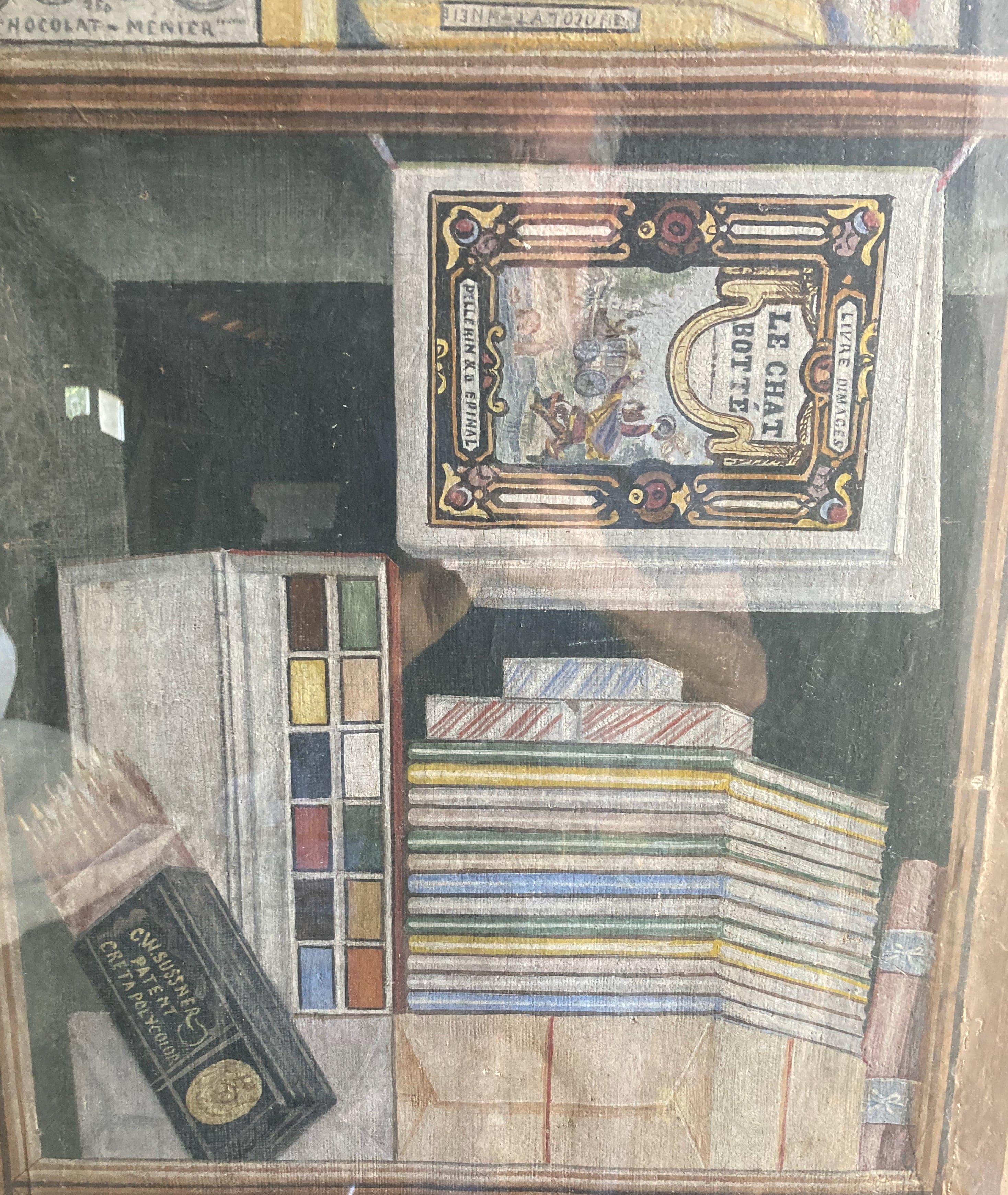 Dekorative Tafel, gemalt um 1900, Öl auf Leinwand mit Darstellung eines Gewürzregals