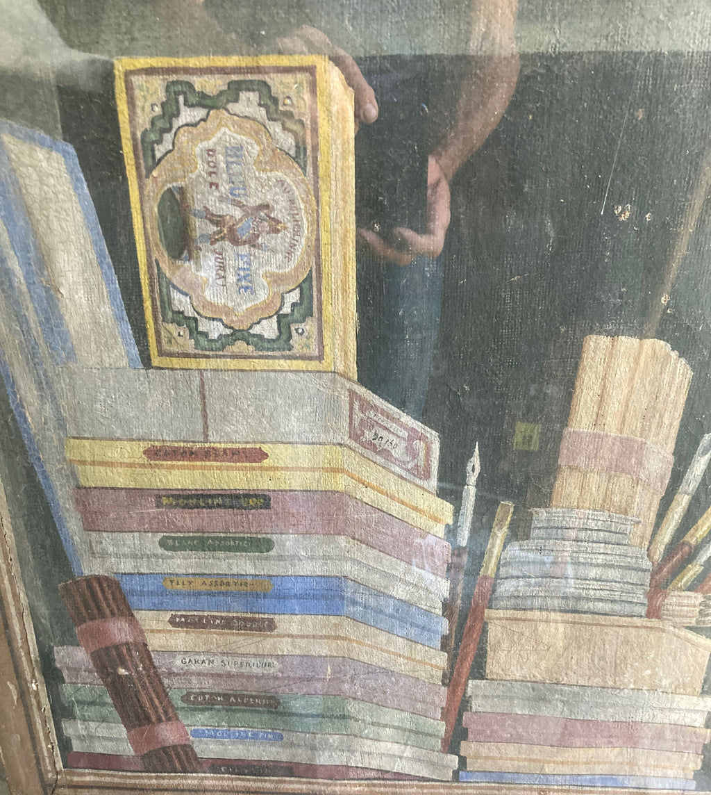 Dekorative Tafel, gemalt um 1900, Öl auf Leinwand mit Darstellung eines Gewürzregals
