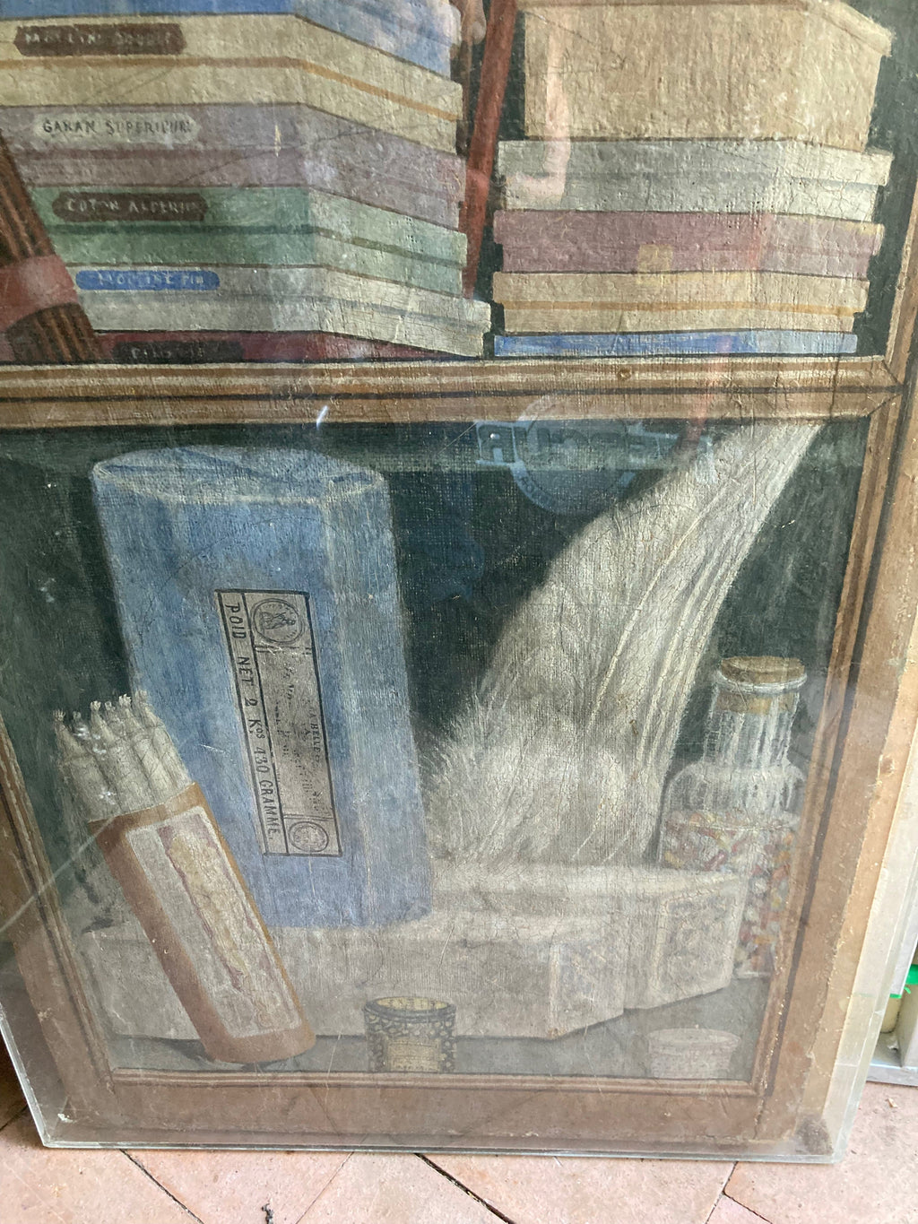 Dekorative Tafel, gemalt um 1900, Öl auf Leinwand mit Darstellung eines Gewürzregals