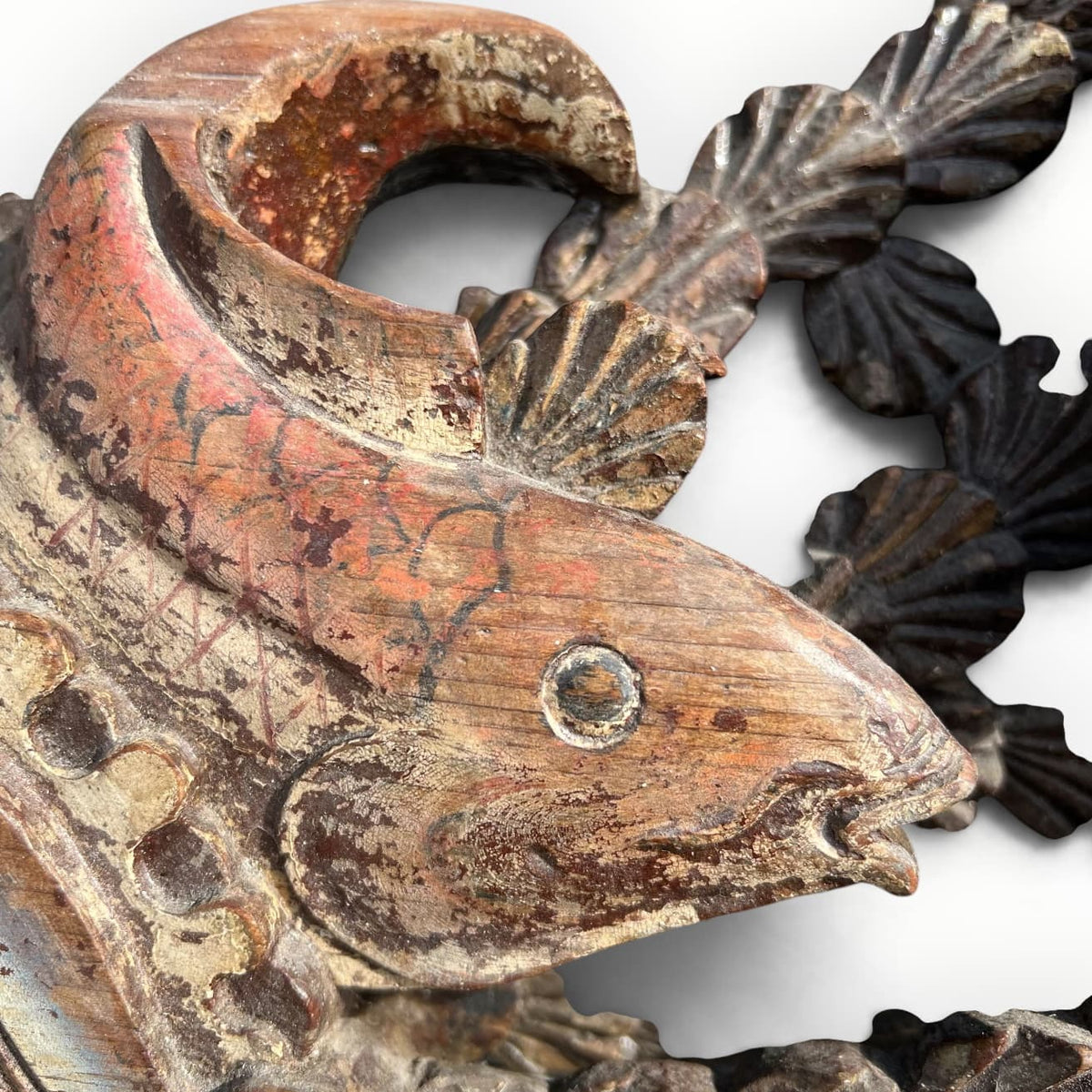 Détail de bois sculpté ancien polychrome aux poissons et coquilles Saint-Jacques