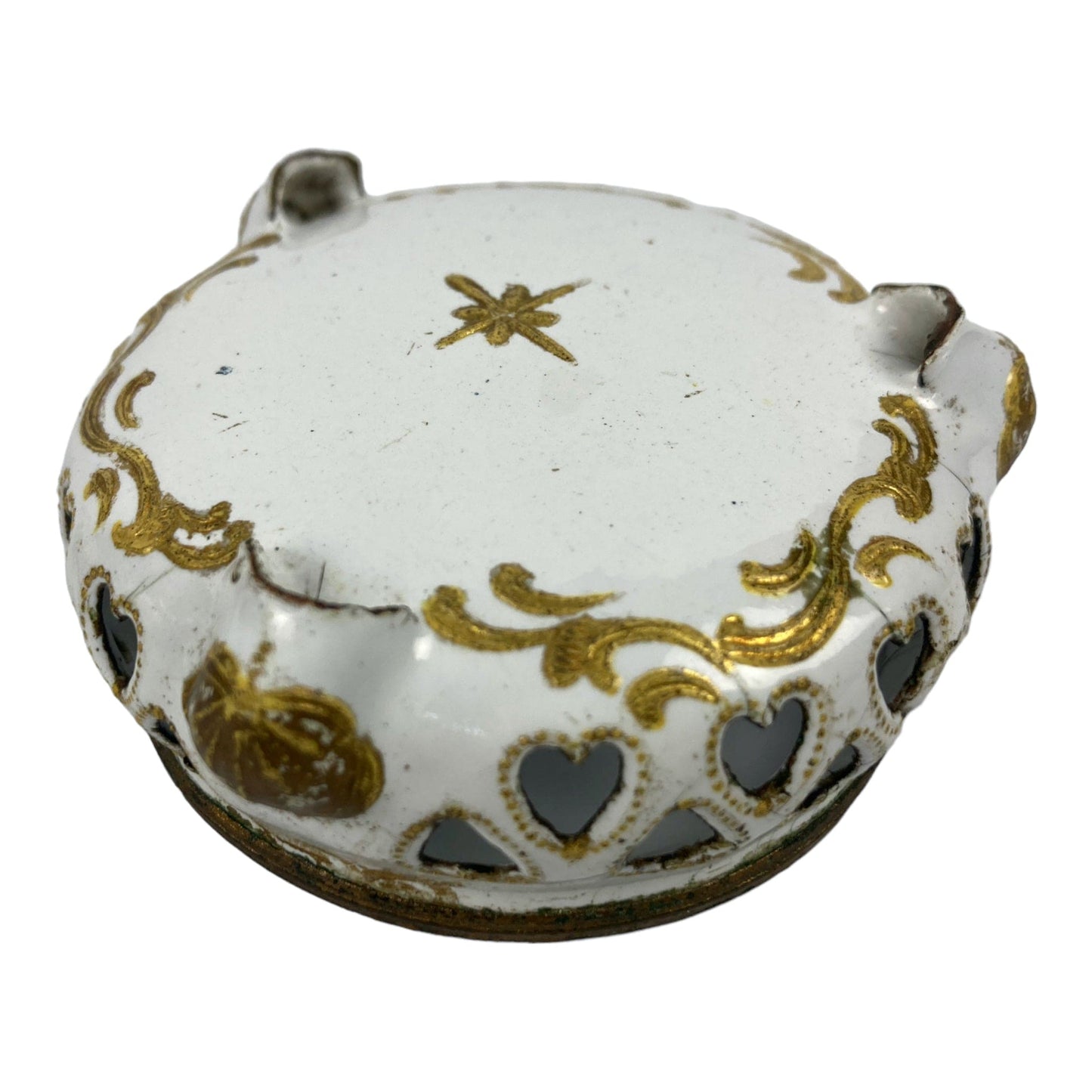 18世紀のバタシー。 ホワイトとゴールドのエナメル銅製テーブルサービスアイテムのペア、調味料、ソルトポット