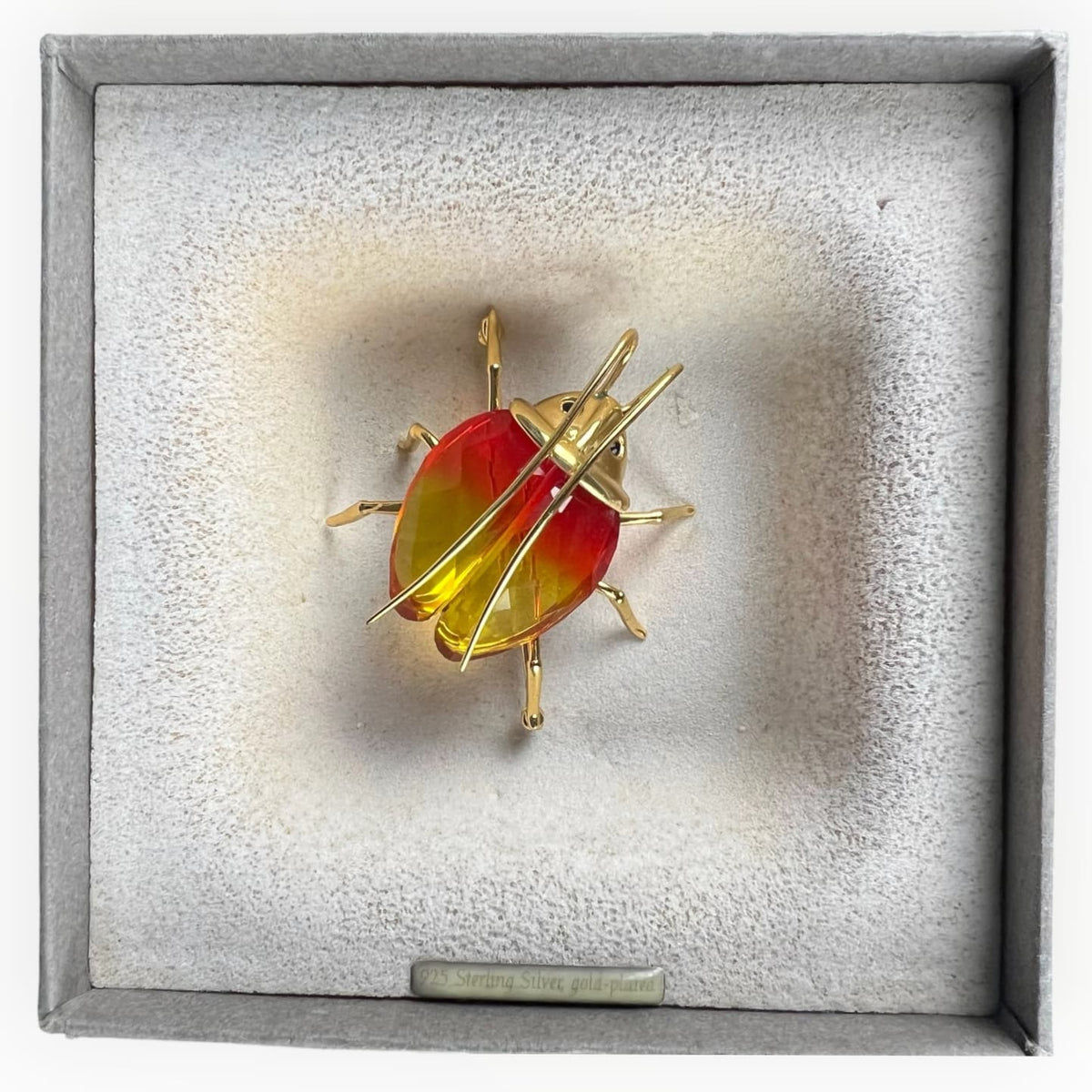 Broche scarabée Swarovski Fire Opal en argent 925 vermeil avec cristal rouge orange et écrin d'origine