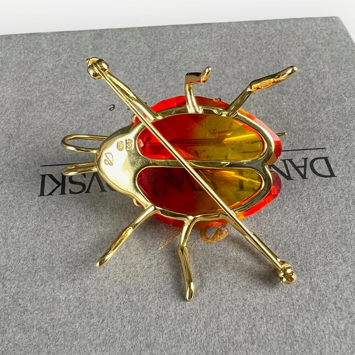 Broche scarabée Swarovski Fire Opal en argent 925 vermeil avec cristal rouge orange et écrin d'origine