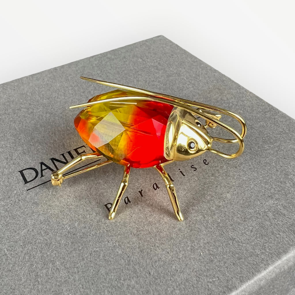 Broche scarabée Swarovski Fire Opal en argent 925 vermeil avec cristal rouge orange et écrin d'origine