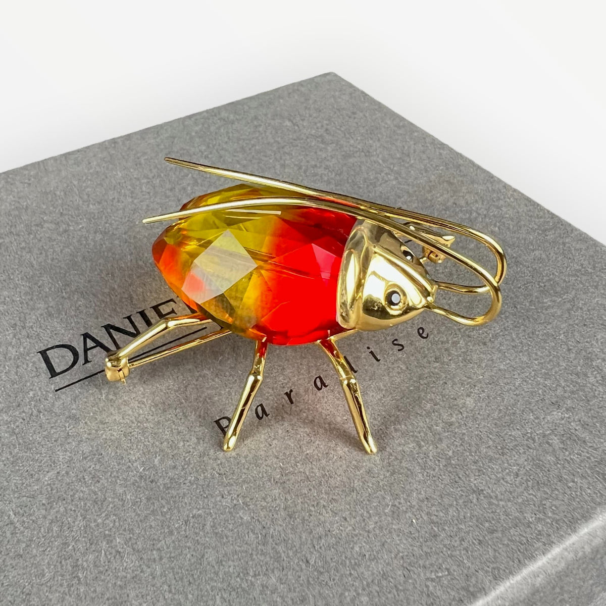 Broche scarabée Swarovski Fire Opal en argent 925 vermeil avec cristal rouge orange et écrin d'origine