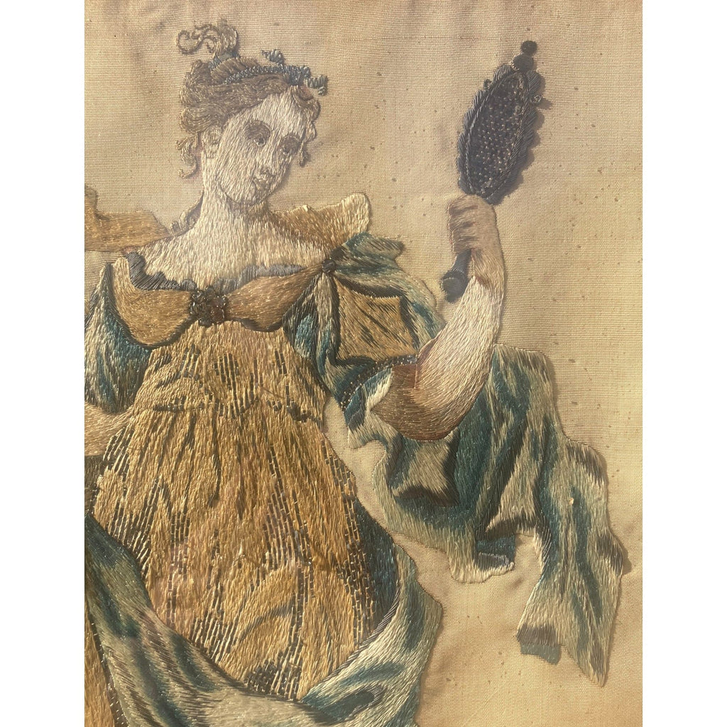 Broderie sur soie ancienne  allégorie de la prudence