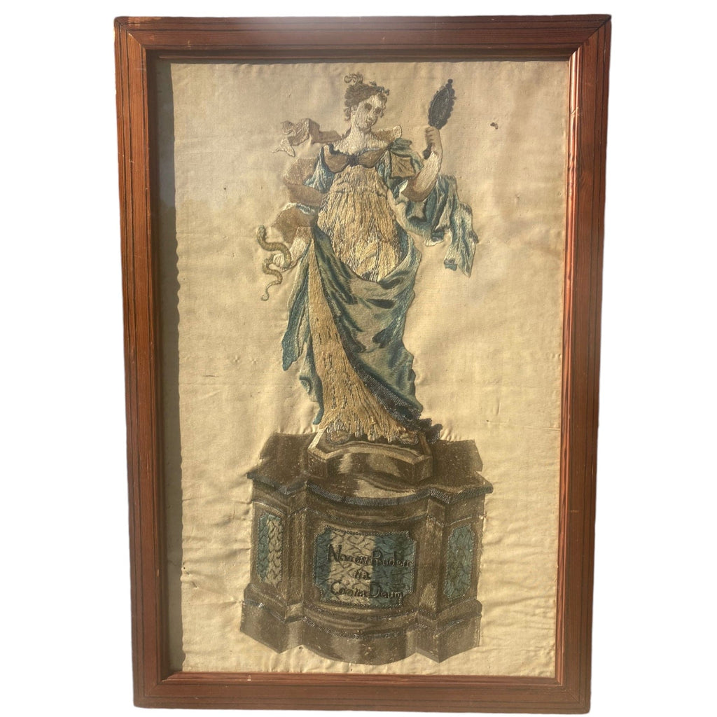 Broderie sur soie ancienne  allégorie de la prudence