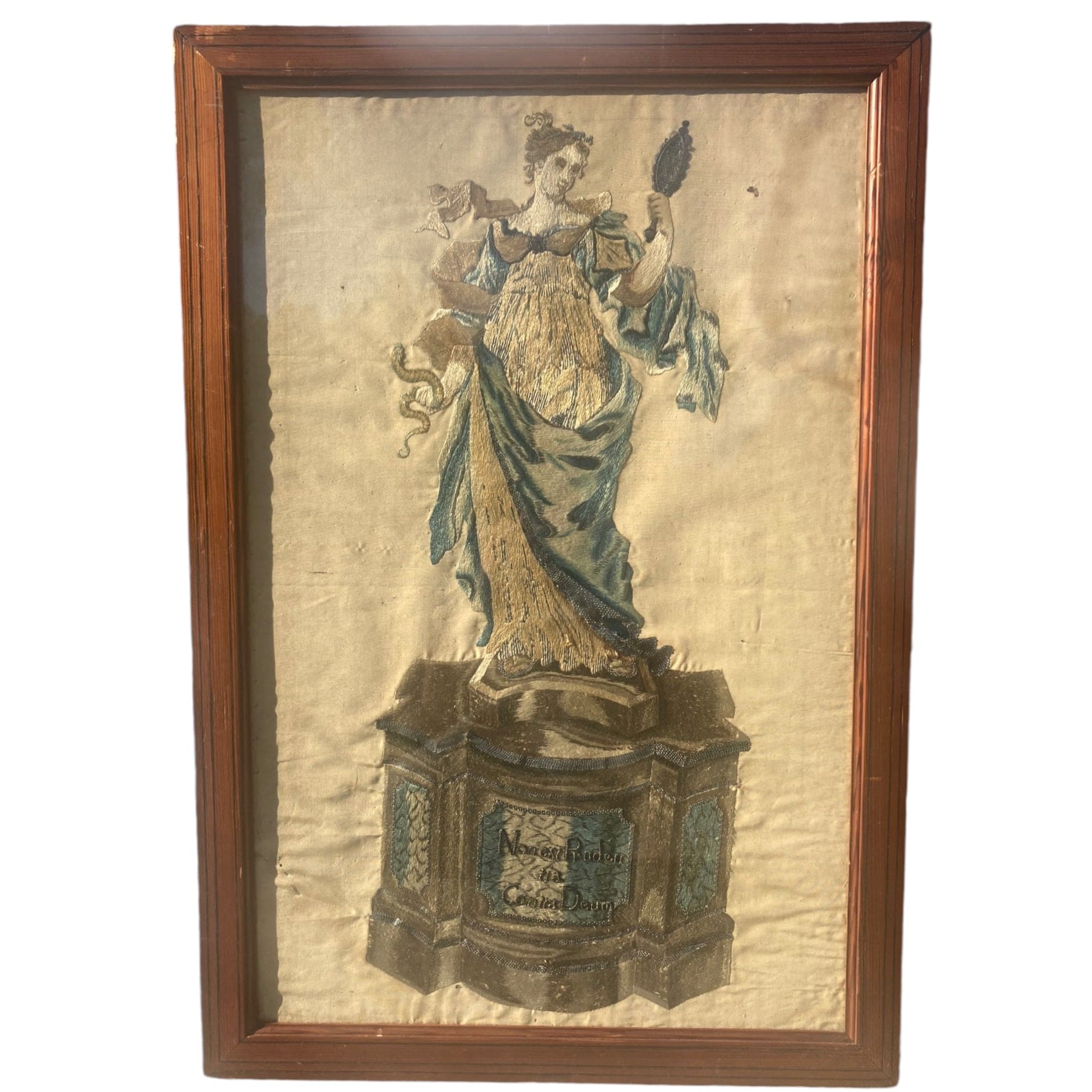 Broderie sur soie ancienne  allégorie de la prudence