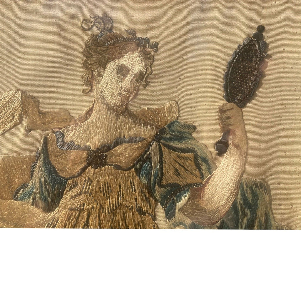 Broderie sur soie ancienne  allégorie de la prudence
