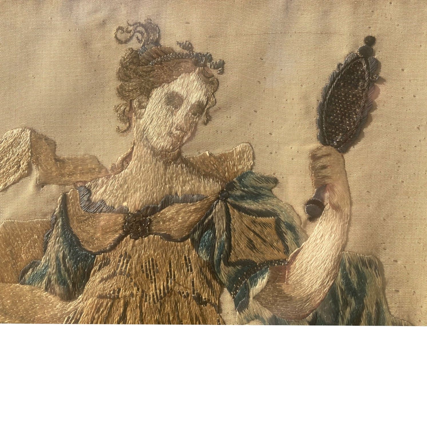 Broderie sur soie ancienne  allégorie de la prudence