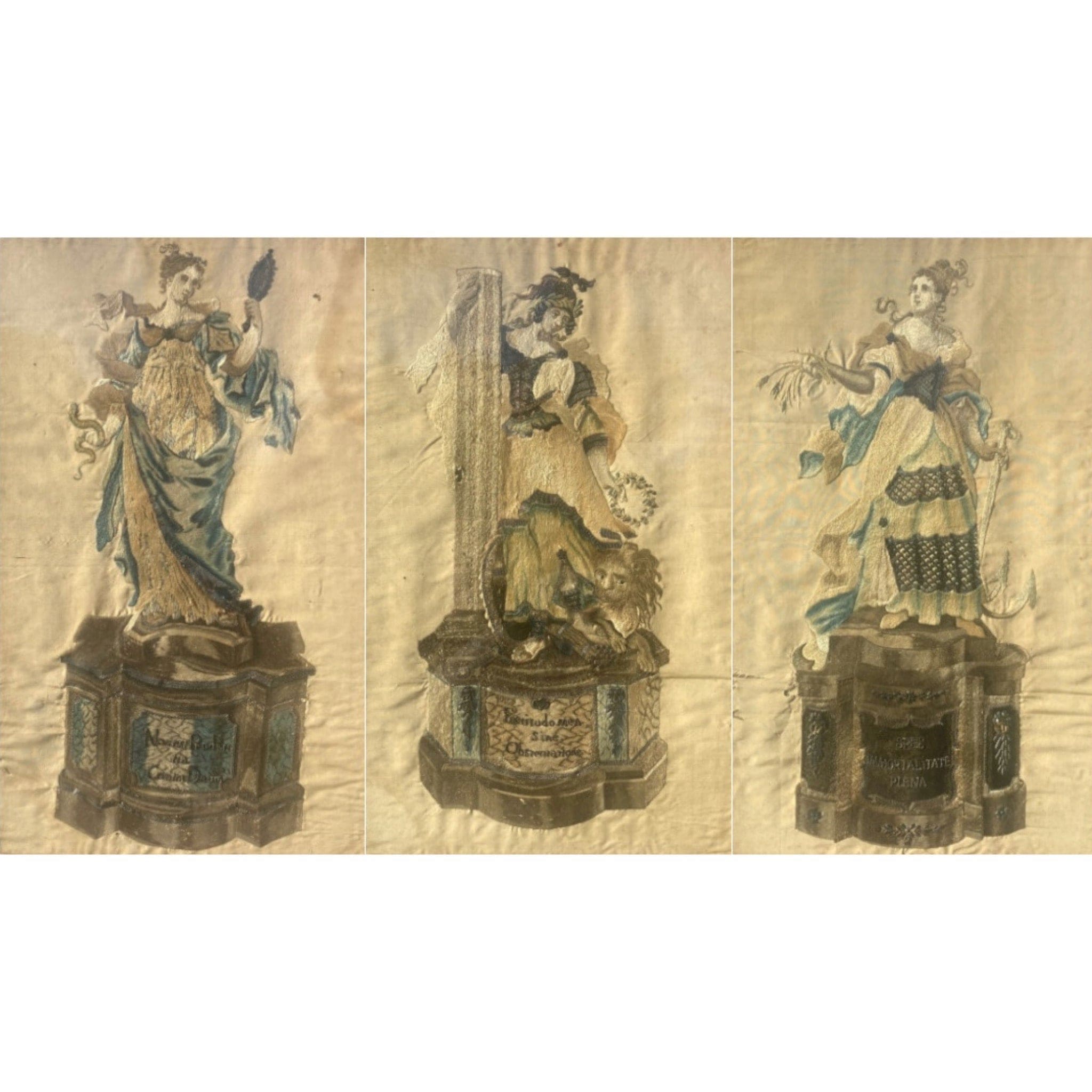 Rare ensemble de 3 broderies sur soie représentant les vertus cardinales 18e siècle.