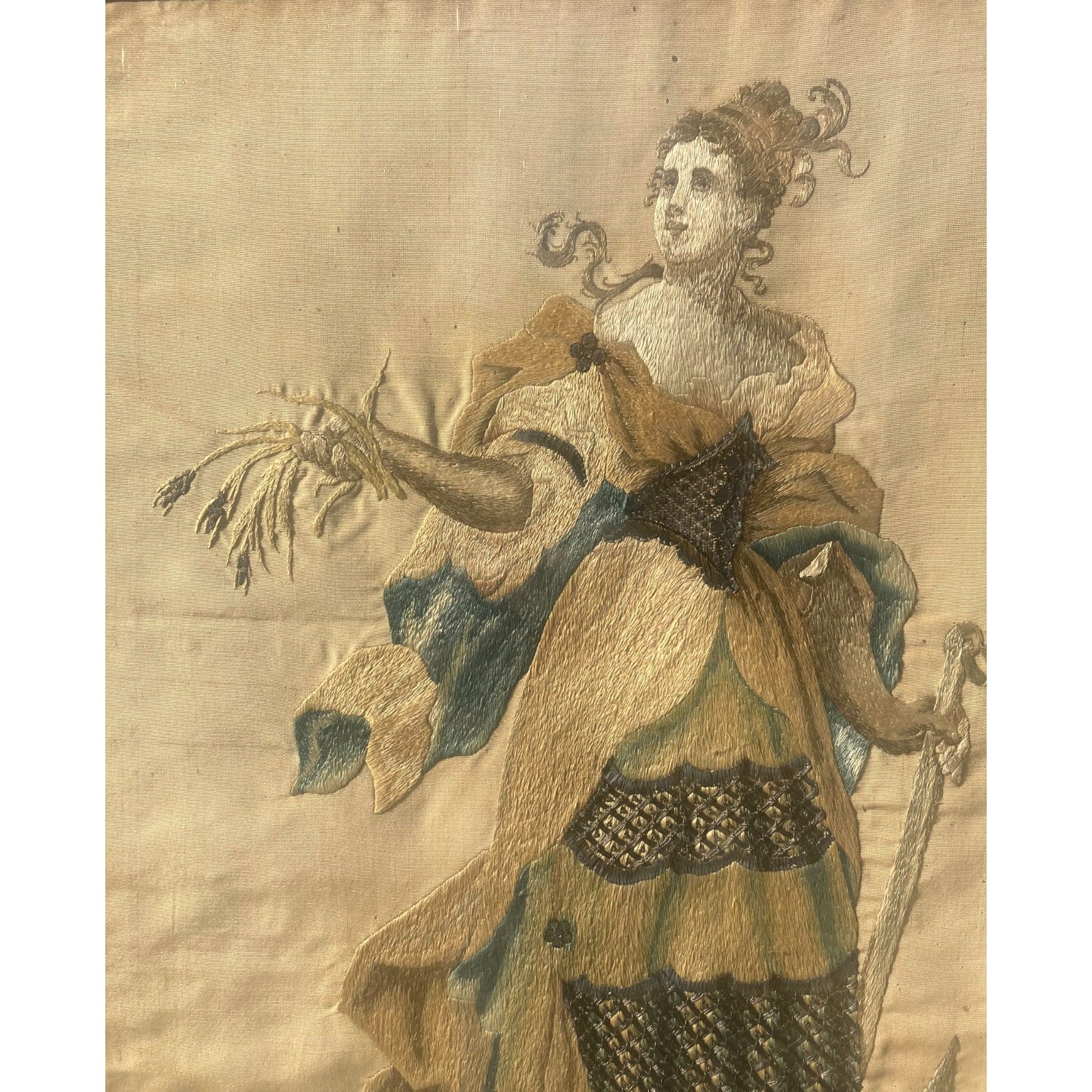 Broderie sur soie ancienne  allégorie de l' espérance