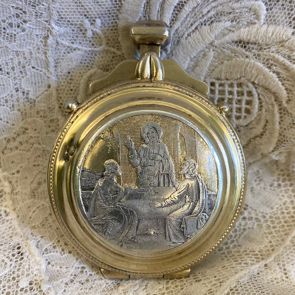 Ancienne Custode à Hosties en argent massif et vermil du 19ème siècle.