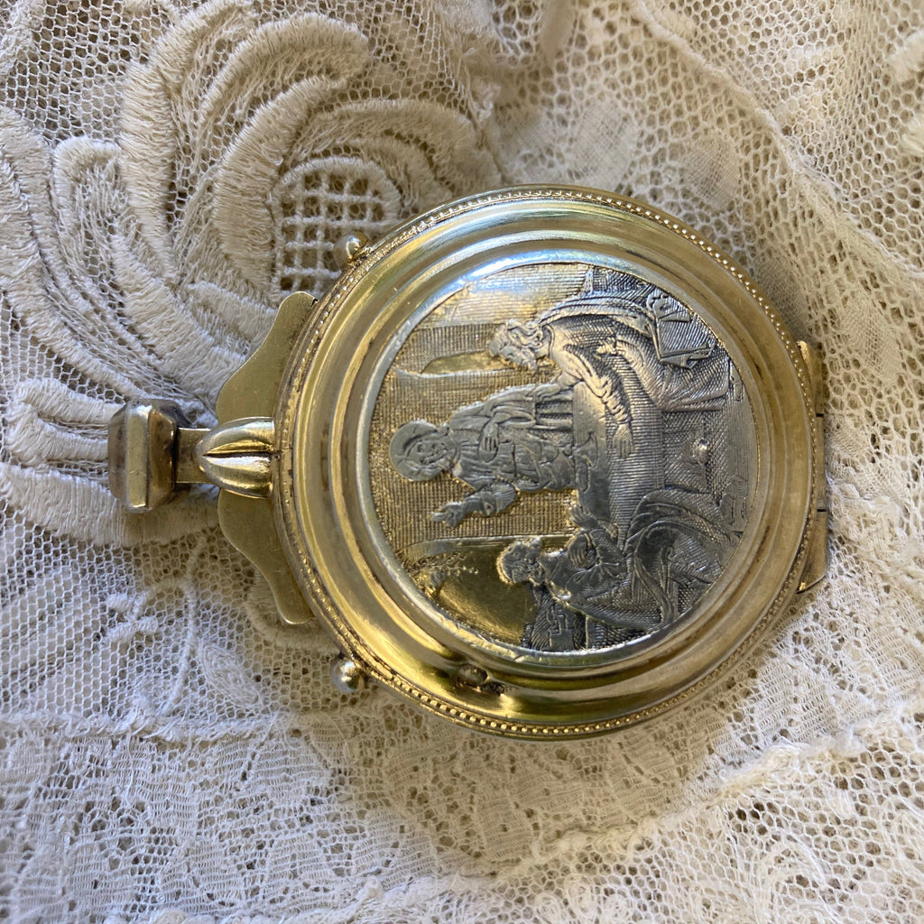 Ancienne Custode à Hosties en argent massif et vermil du 19ème siècle.