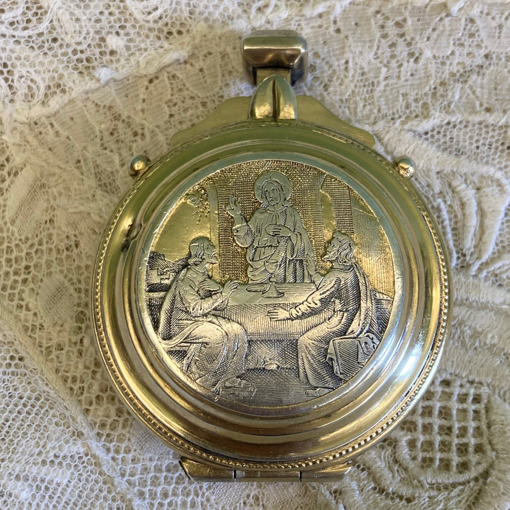 Ancienne Custode à Hosties en argent massif et vermil du 19ème siècle.