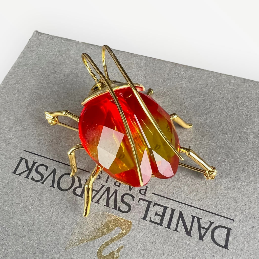 Broche scarabée Swarovski Fire Opal en argent 925 vermeil avec cristal rouge orange et écrin d'origine