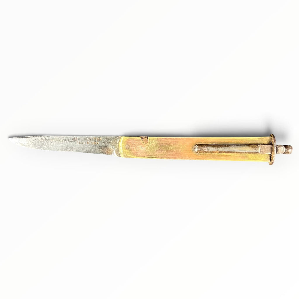Ancien couteau morutier tonneau Joh. Engström Eskilstuna en bois et acier à mécanisme coulissant, Suède, fin XIXe siècle.