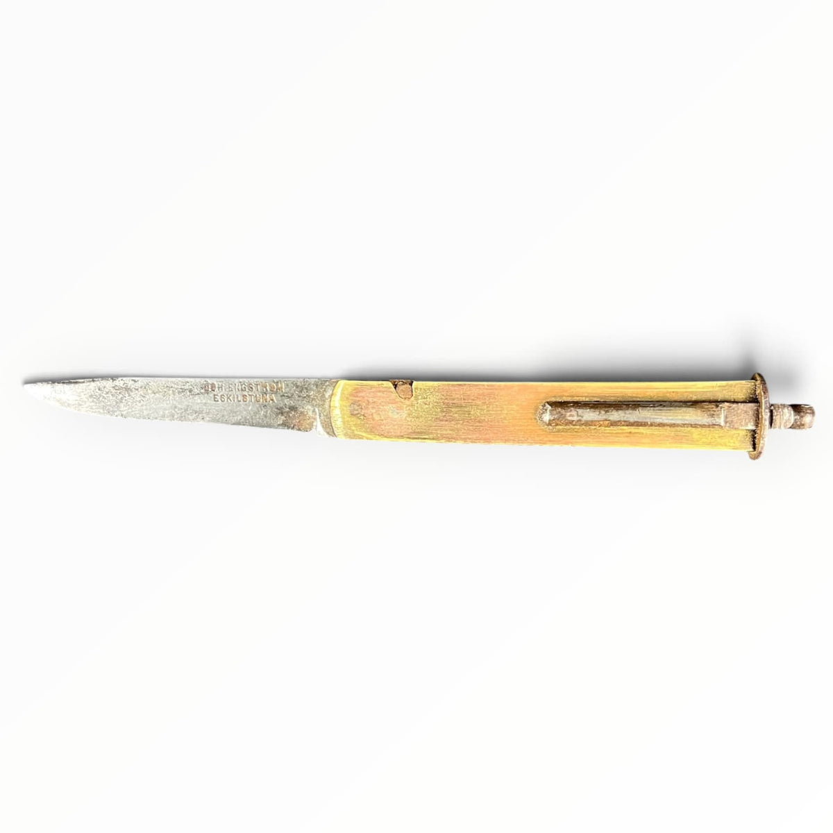 Ancien couteau morutier tonneau Joh. Engström Eskilstuna en bois et acier à mécanisme coulissant, Suède, fin XIXe siècle.