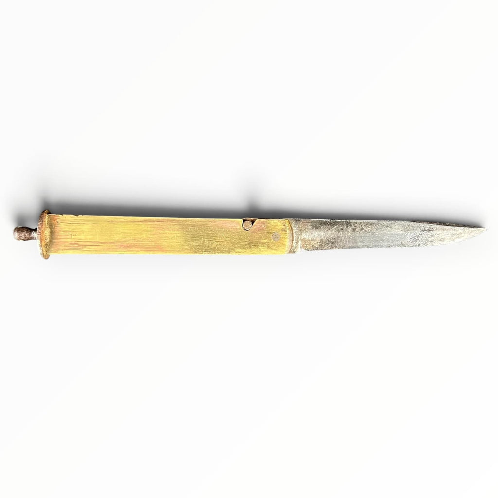 Ancien couteau morutier tonneau Joh. Engström Eskilstuna en bois et acier à mécanisme coulissant, Suède, fin XIXe siècle.