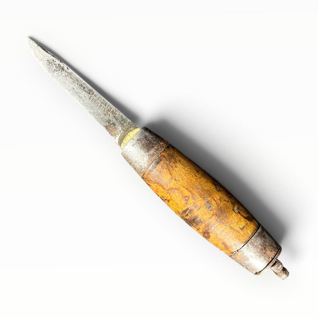 Ancien couteau morutier tonneau Joh. Engström Eskilstuna en bois et acier à mécanisme coulissant, Suède, fin XIXe siècle.