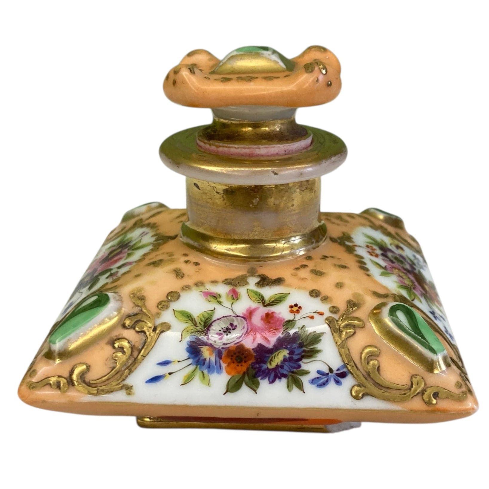 Flacon de parfum ancien en porcelaine polychrome et dorée à décor de fleurs.
