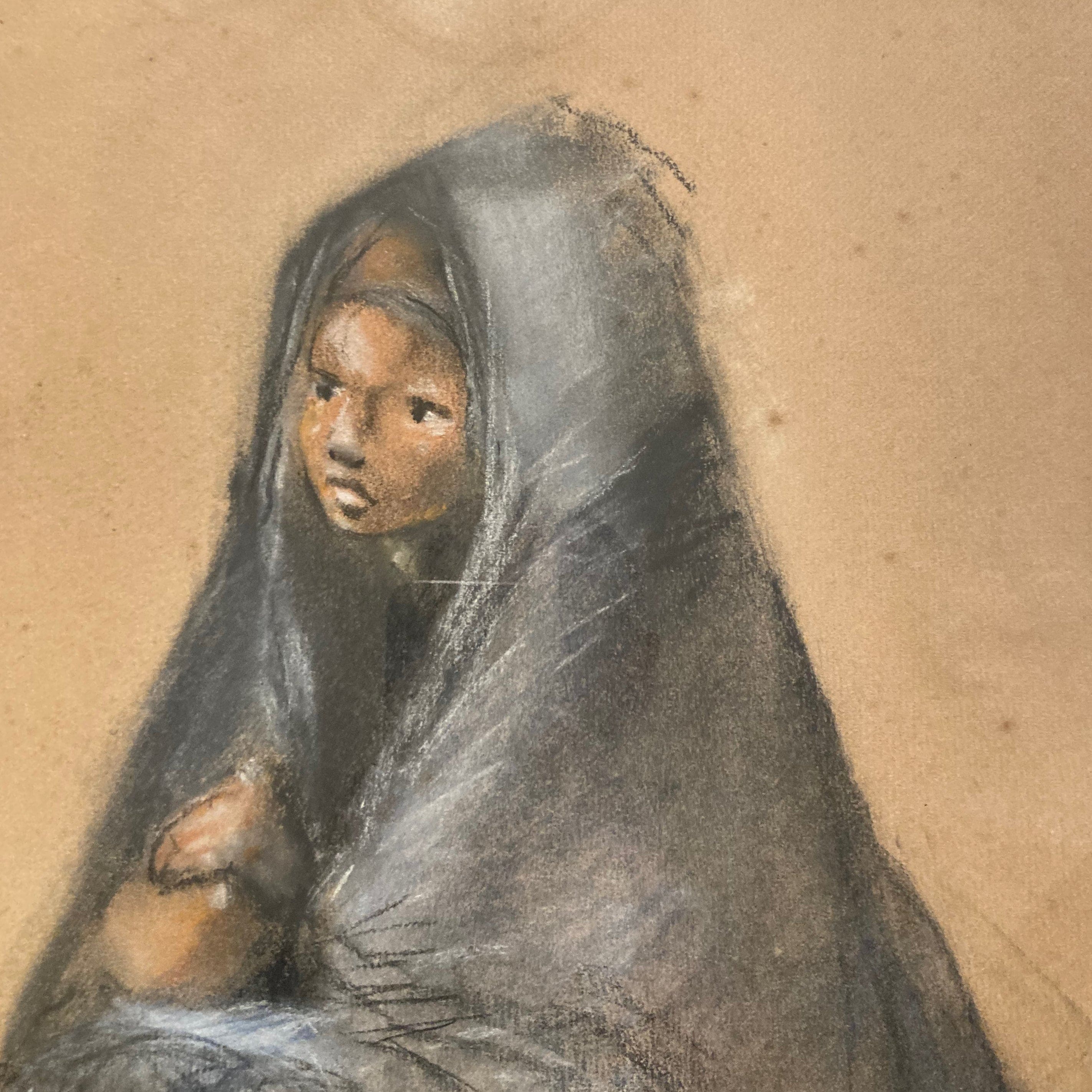 水彩画　モロッコの子供達 Elisabeth Gross フランス派 パステル画「モロッコの子ども」20世紀