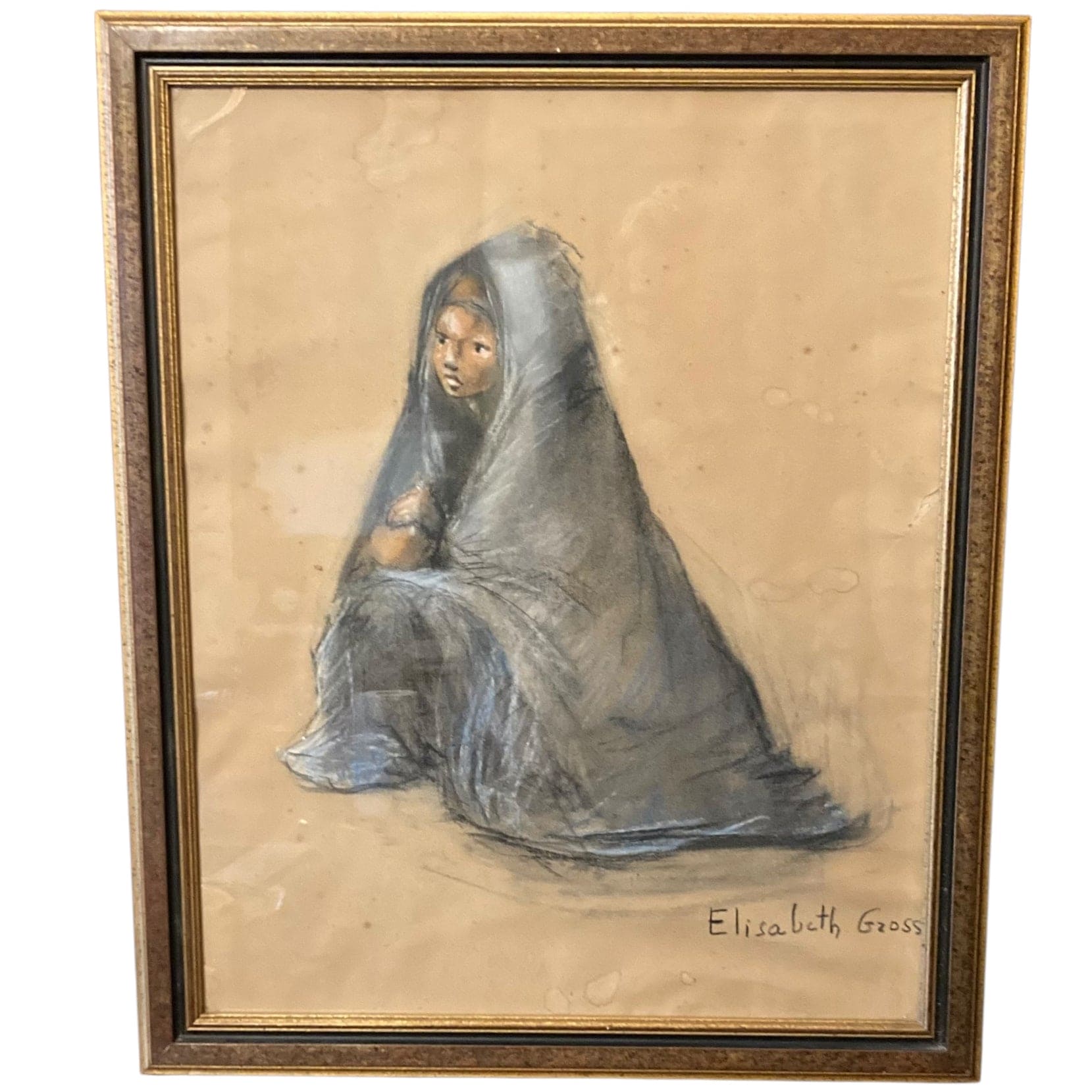 水彩画　モロッコの子供達 Elisabeth Gross フランス派 パステル画「モロッコの子ども」20世紀