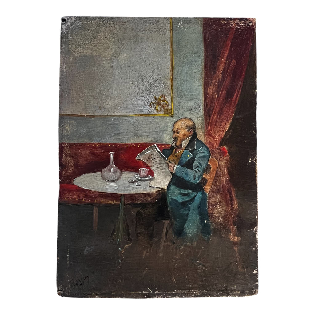 Peinture ancienne à l'huile sur panneau de bois représentant un homme en redingote lisant son journal à la table d'un café du XIXe siècle, signé Royan.