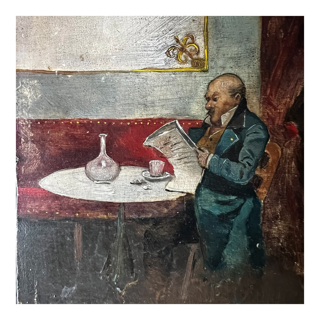 détail, Peinture ancienne à l'huile sur panneau de bois représentant un homme en redingote lisant son journal à la table d'un café du XIXe siècle, signé Royan.
