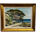 Tableau paysage méditerranéen de Henriette Le Béchec avec pins parasols en bord de mer et cadre doré d’origine.