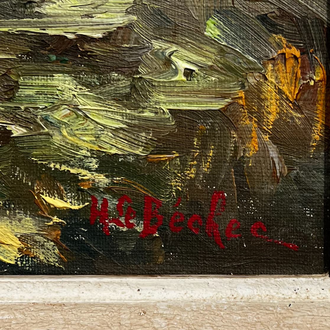 Signature rouge de l’artiste peintre Henriette Le Béchec en bas à droite sur l’huile sur toile.
