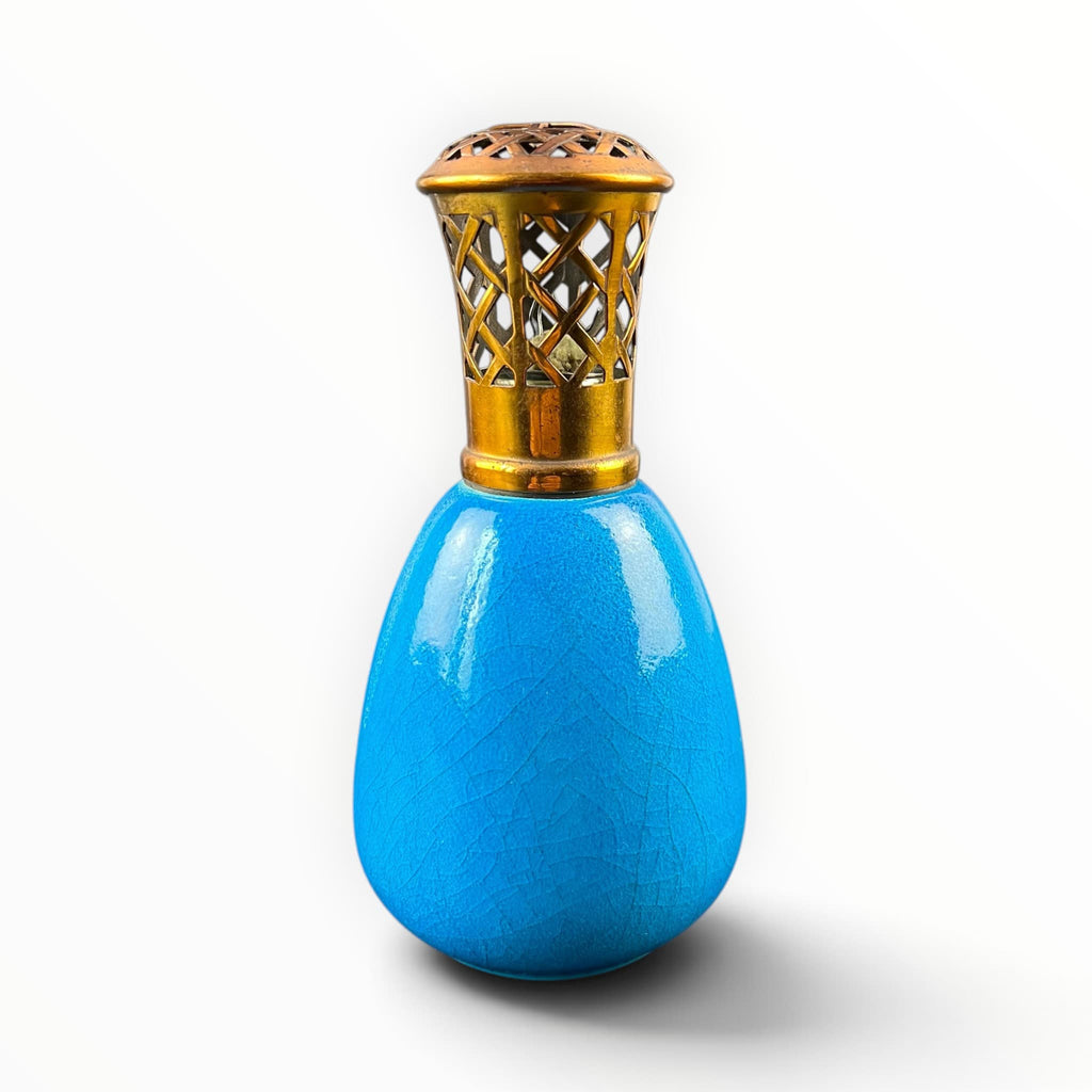 Lampe Berger Paris en céramique émaillée bleu turquoise avec monture ajourée dorée