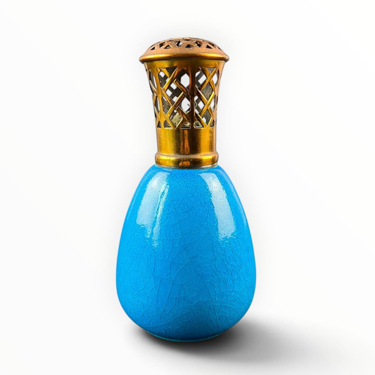 Lampe Berger Paris en céramique émaillée bleu turquoise avec monture ajourée dorée