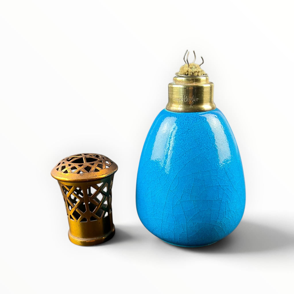 Lampe Berger Paris en céramique émaillée bleu turquoise avec monture ajourée dorée