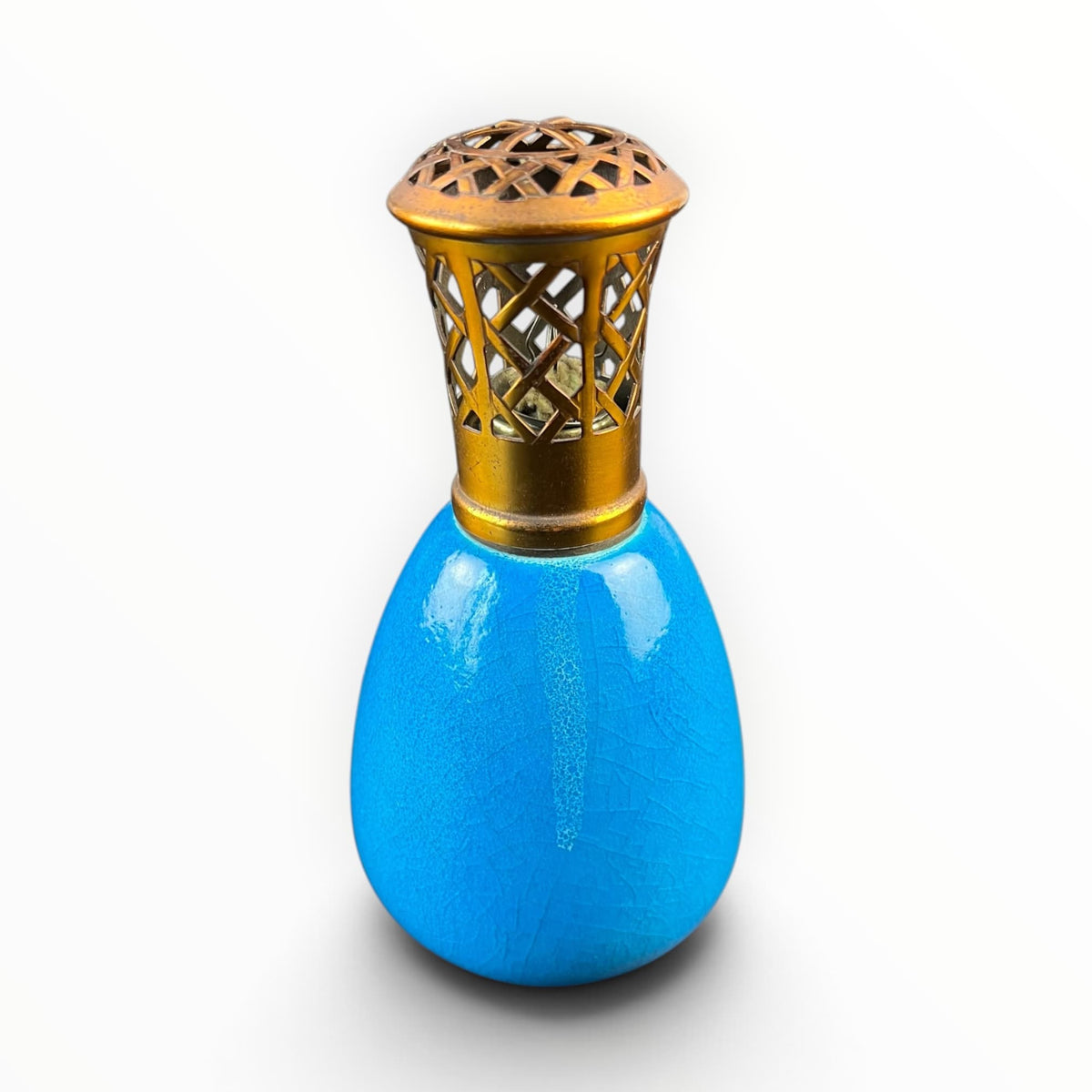 Lampe Berger Paris en céramique émaillée bleu turquoise avec monture ajourée dorée