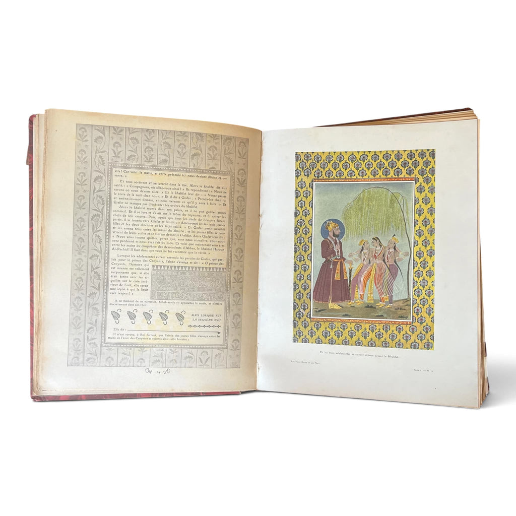Détail de : Collection complète de huit volumes du Livre des Mille Nuits et Une Nuit de Mardrus, reliés en demi-veau rouge avec décor oriental doré.