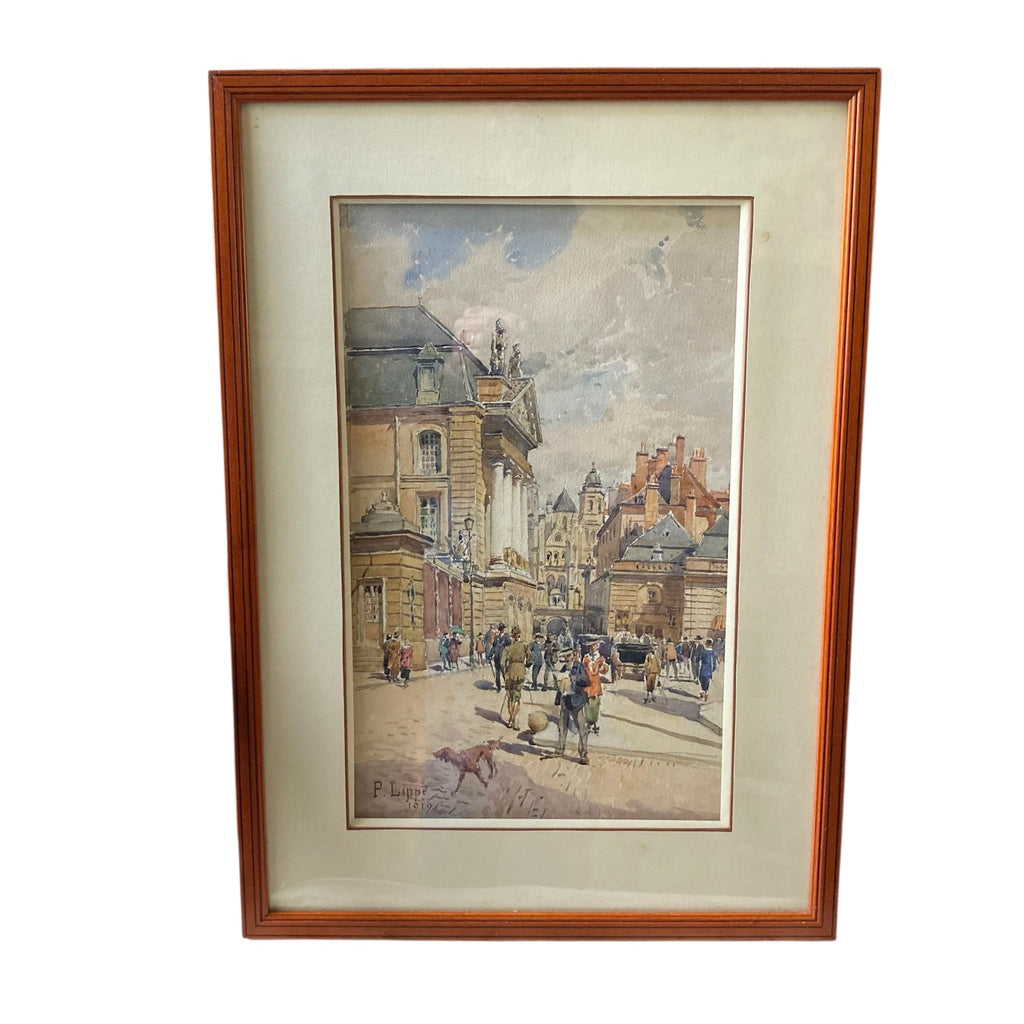 Aquarelle de Paul Lippe datée de 1919 représentant un vue de Dijon, Place d Armes et rue Rameau.