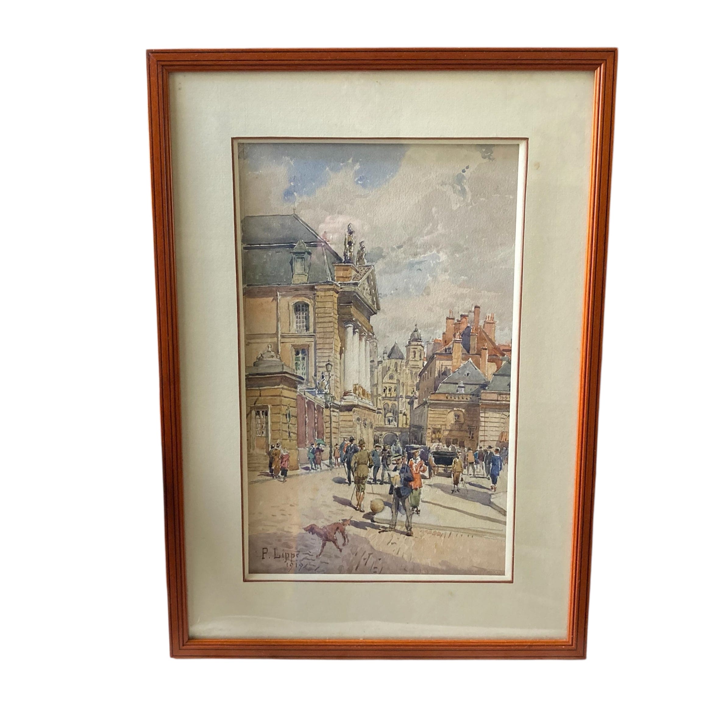 Aquarelle de Paul Lippe datée de 1919 représentant un vue de Dijon, Place d Armes et rue Rameau.