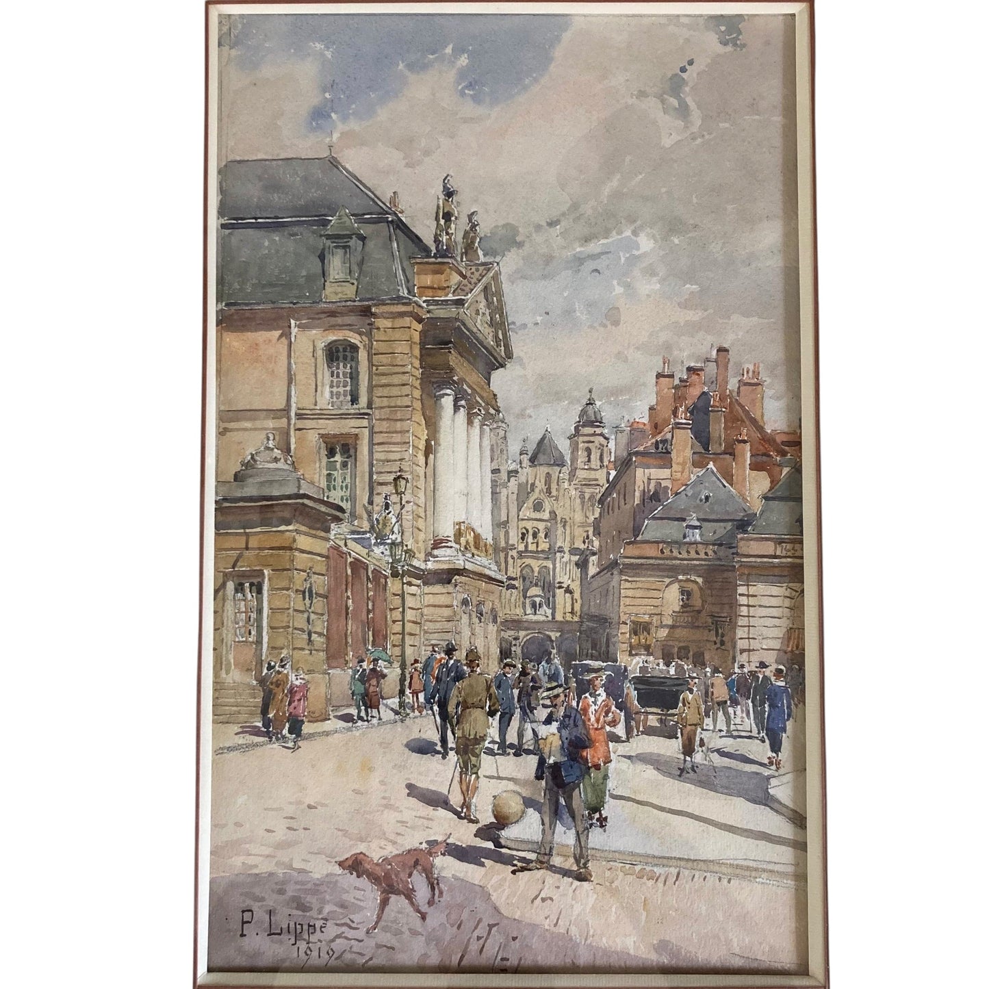 Aquarelle de Paul Lippe datée de 1919 représentant un vue de Dijon, Place d Armes et rue Rameau.