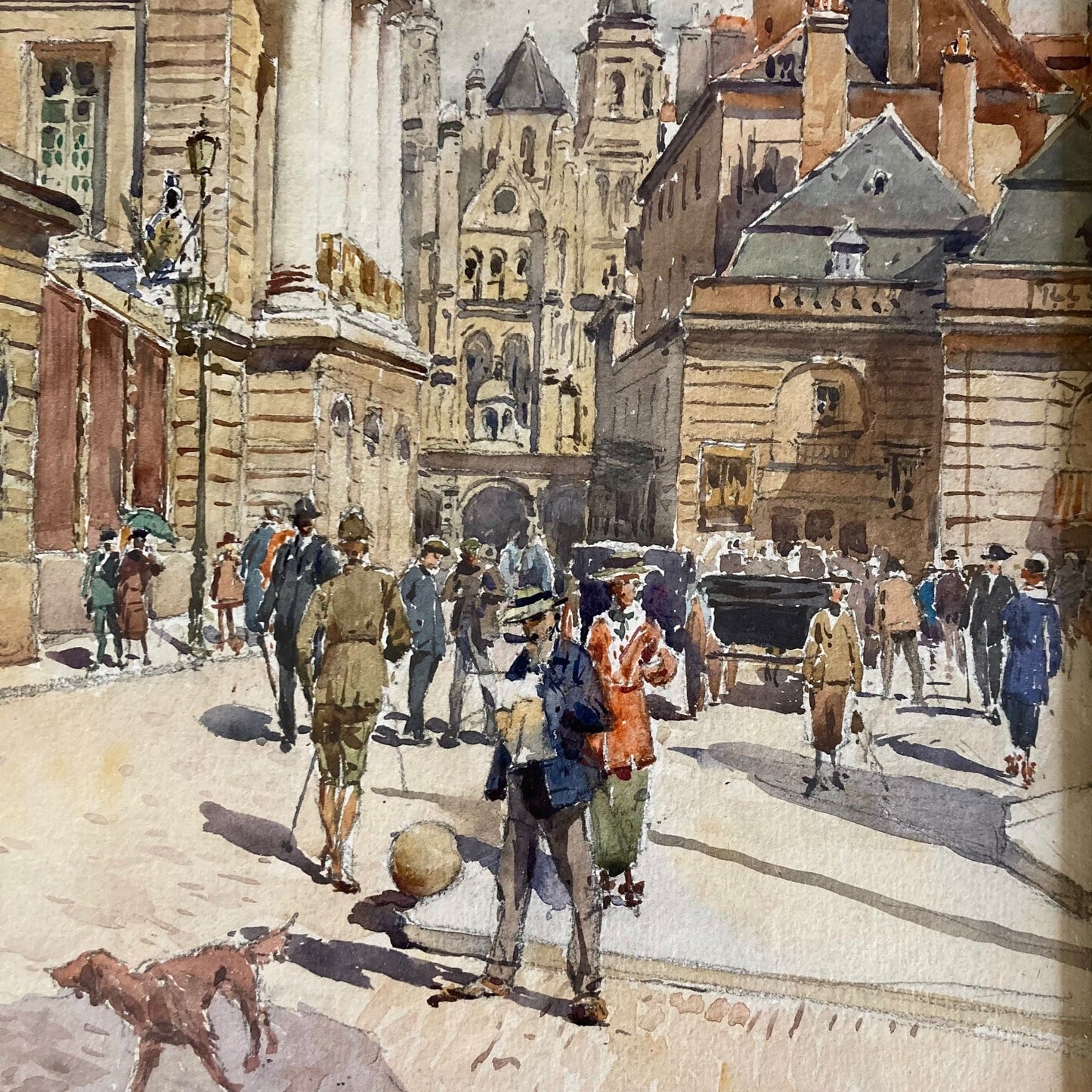 Aquarelle de Paul Lippe datée de 1919 représentant un vue de Dijon, Place d Armes et rue Rameau.