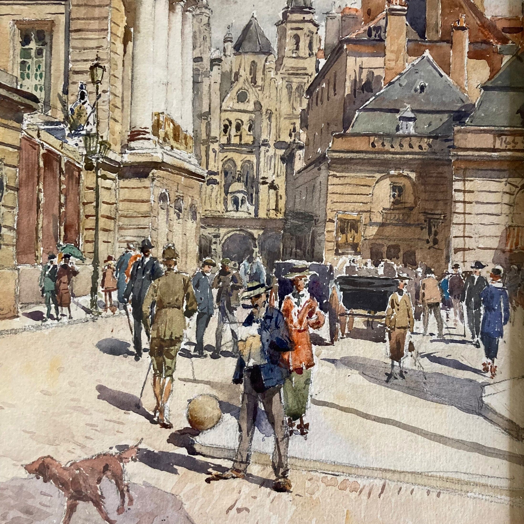 Aquarelle de Paul Lippe datée de 1919 représentant un vue de Dijon, Place d Armes et rue Rameau.